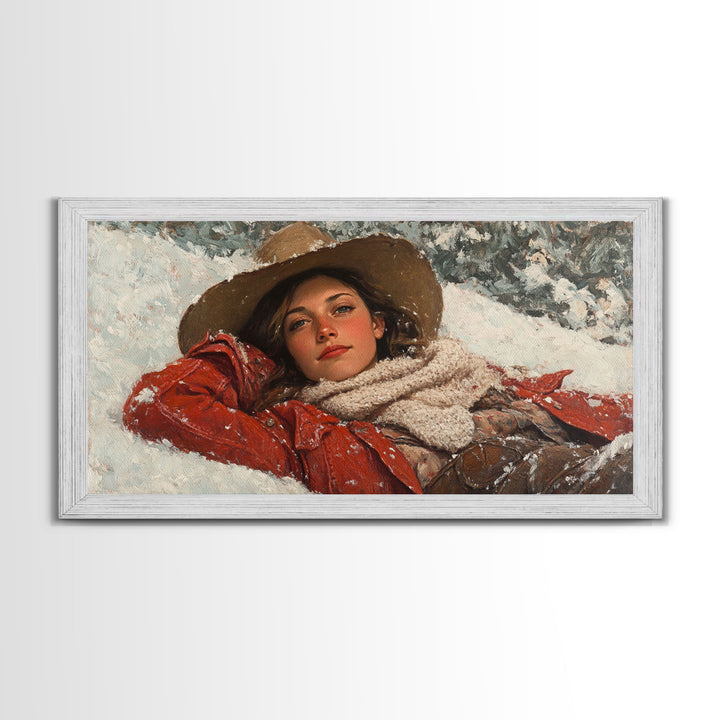 Cowgirl Laying In The Snow Framed Canvas Print, Cute Rustic Decor, Cowgirl Portrait Painting, Winter Wall Art