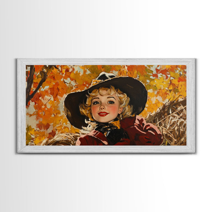 Cute Fall Cowgirl Amongst The Autumn Leaves, Gift or Autumn Decor, Perfect Addition to Home and Office Interiors