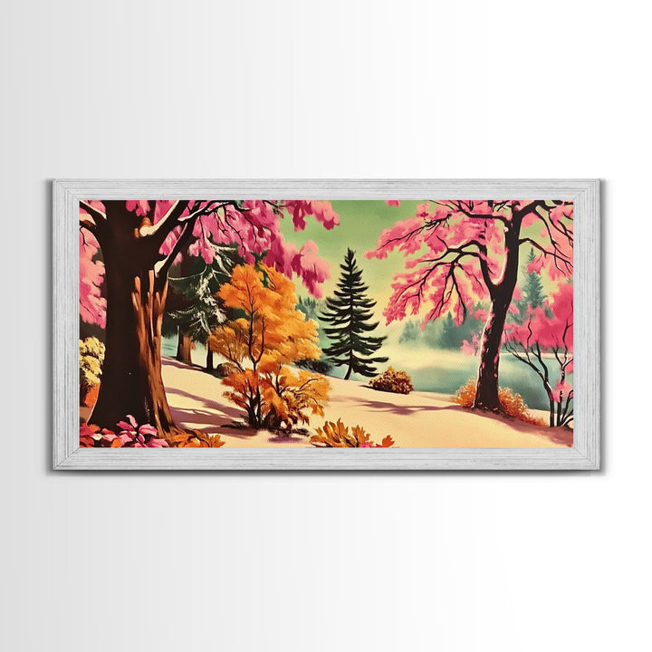 Colorful Path with Pink and Orange Trees Framed Canvas Print, Ideal Autumn Wall Art, Perfect Seasonal Decor Gift for Nature Lovers
