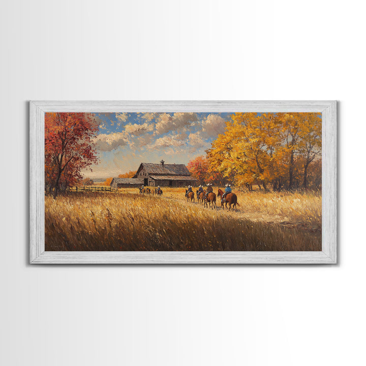 Horseback Riders In Autumn Near Barn, Rustic Fall Wall Art, Cozy Farmhouse Decor Framed Canvas Print, Harvest Time Country Art