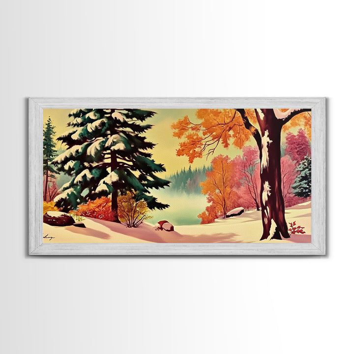 Retro 1950s Style Winter Landscape Painting, Framed Canvas Print, Perfect Holiday Wall Art for Vintage Christmas Decor and Festive Interiors