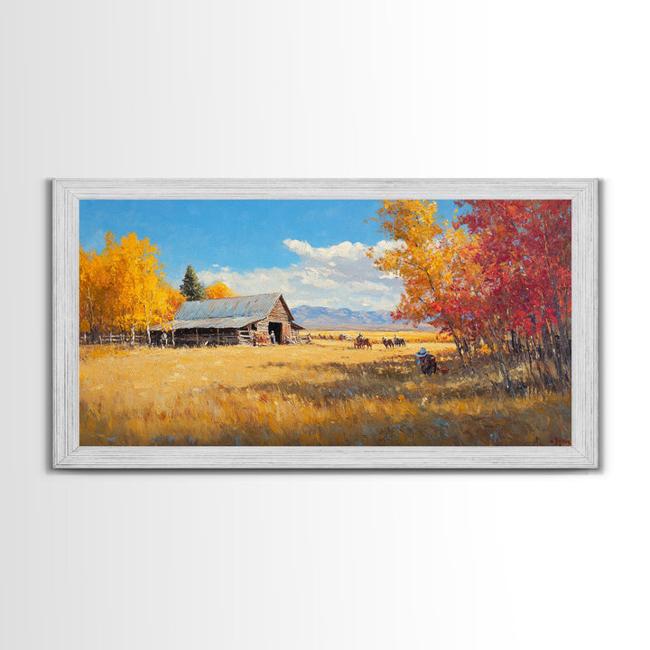 Group Of Horseback Riders In Autumn Field, Rustic Fall Scene Wall Art, Country Farmhouse Framed Canvas Print, Cozy Harvest Time Art