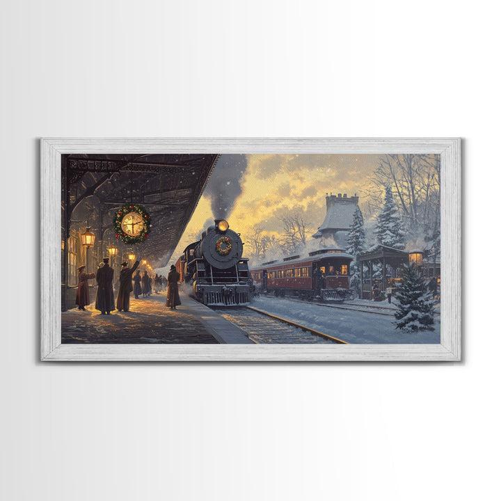 Christmas Train Station Framed Canvas Print, Snowy Train Scene Art, Vintage Christmas Decor, Holiday Wall Art, Best Christmas Gift
