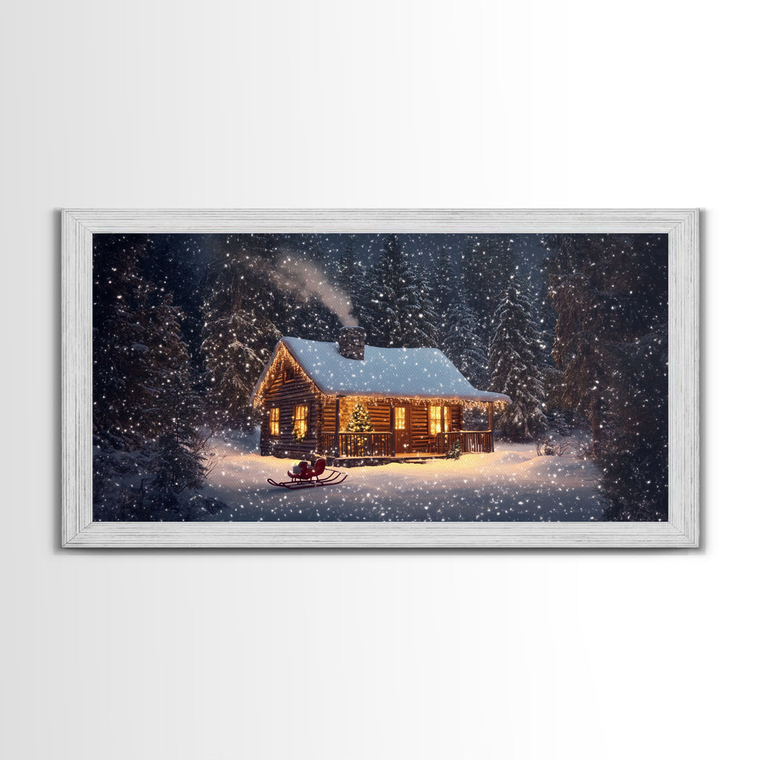 Cozy Cabin in Snow Framed Canvas Print, Winter Wonderland Scene Art, Rustic Christmas Decor, Holiday Wall Art, Seasonal Gift Idea