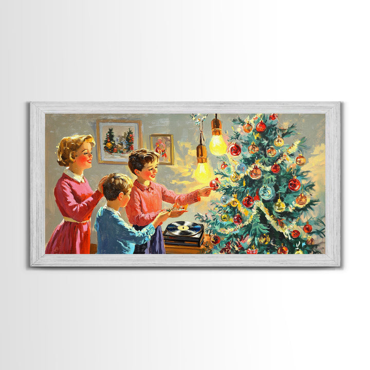 Family Christmas Decorating Framed Canvas Print, Retro Holiday Scene Art, Vintage Christmas Home Decor, Christmas Art Prints, Wall Art