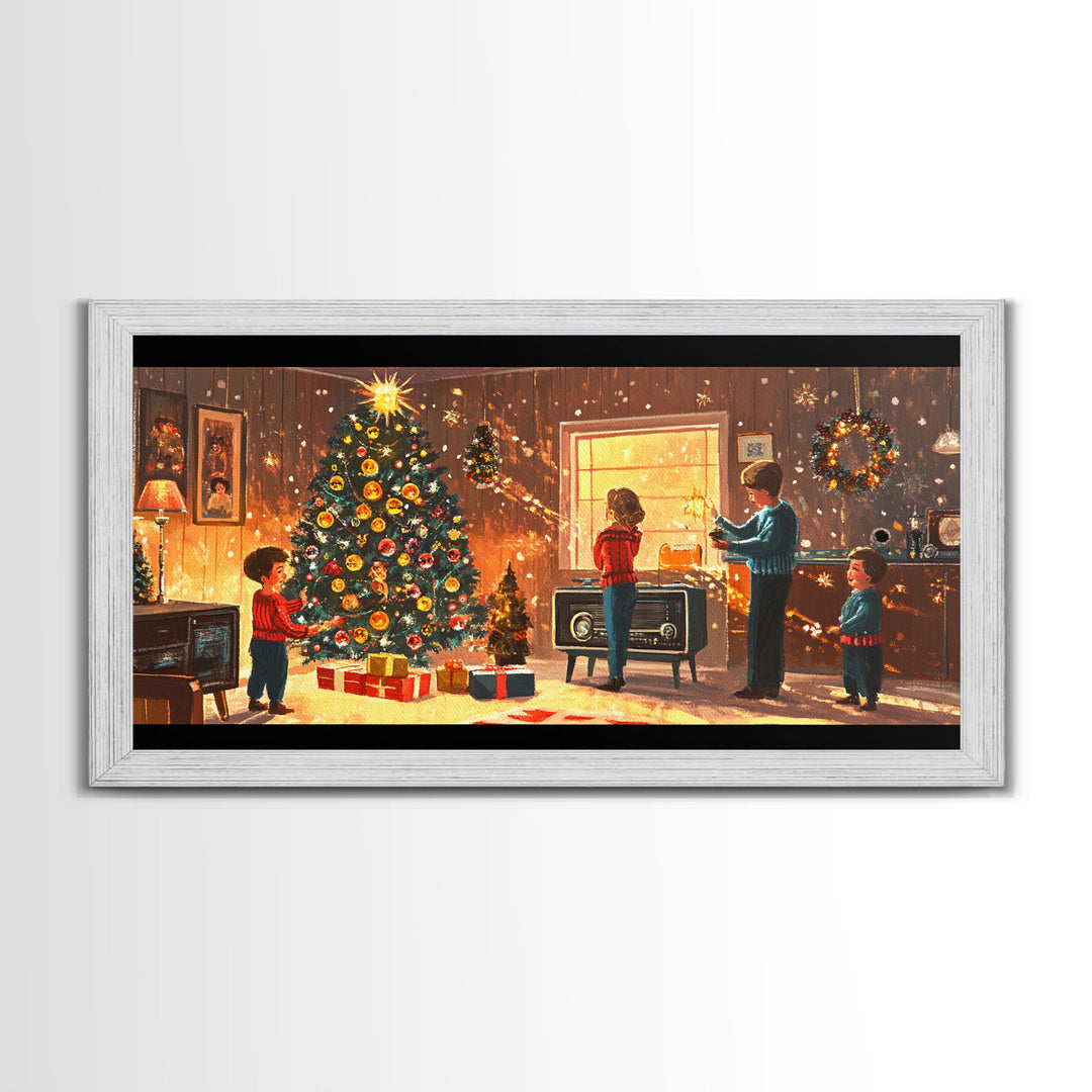 Cozy Christmas Evening Framed Canvas Print, Vintage Christmas Scene Art, Retro Holiday Home Decor, Christmas Tree Wall Art, Christmas Gift