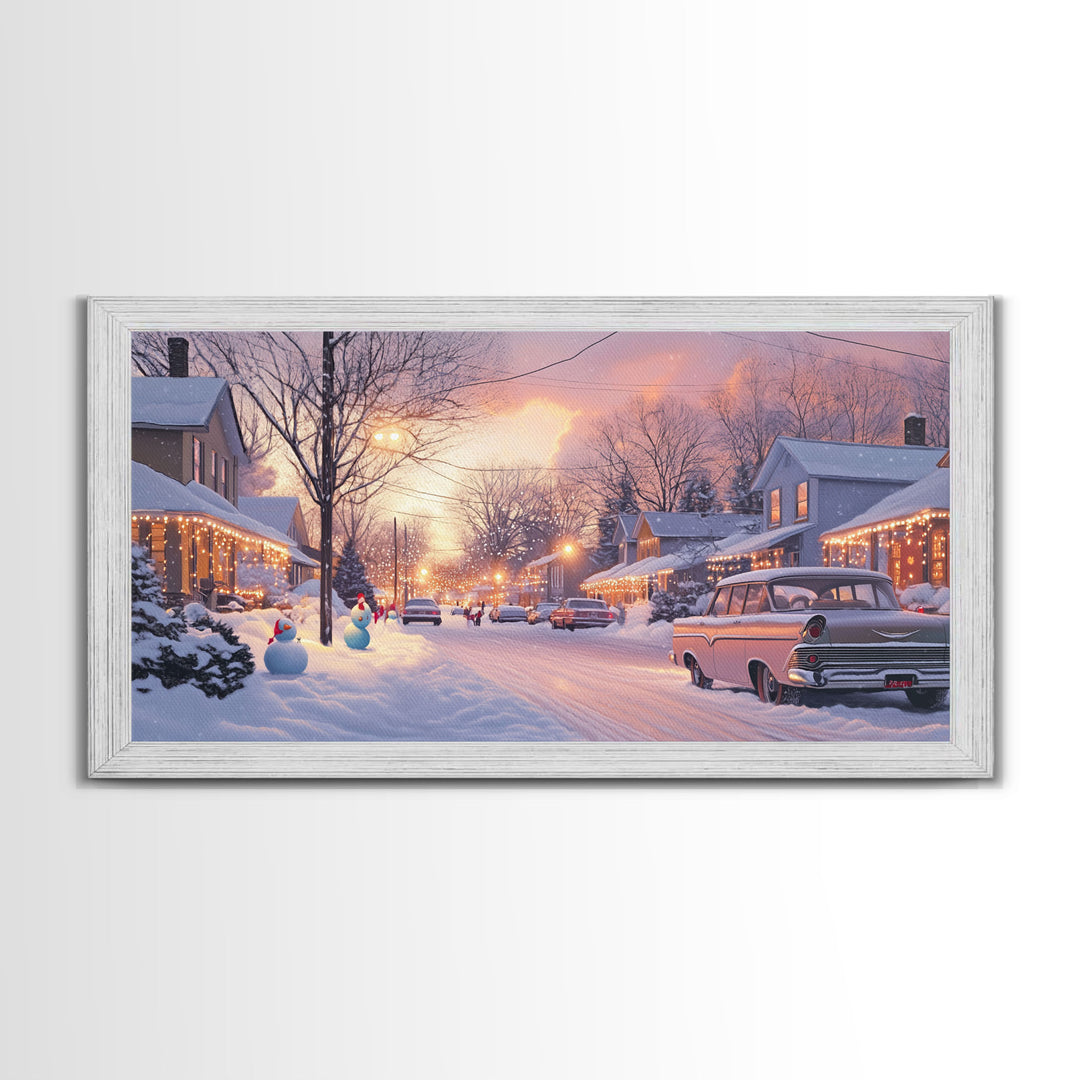 Snowy Neighborhood Evening Framed Canvas Print, Winter Wonderland Scene Art, Christmas Home Decor, Vintage Christmas Art, Holiday Wall Art