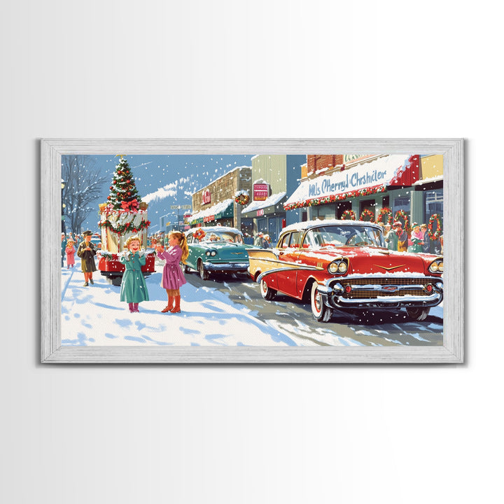 Christmas Parade Street Framed Canvas Print, Vintage Holiday Decor, Retro Christmas Scene Art, Best Gift Christmas Decor, Holiday Wall Art