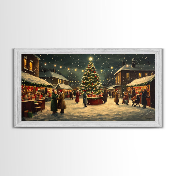 Vintage Christmas Village Market Scene Framed Canvas Print - Perfect Retro Christmas Wall Art and Vintage Christmas Home Decor 2024