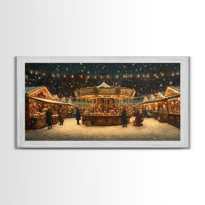 Retro Carousel Christmas Market Framed Canvas Print - Beautiful Vintage Christmas Decor and Holiday Wall Art with Christmas Scene