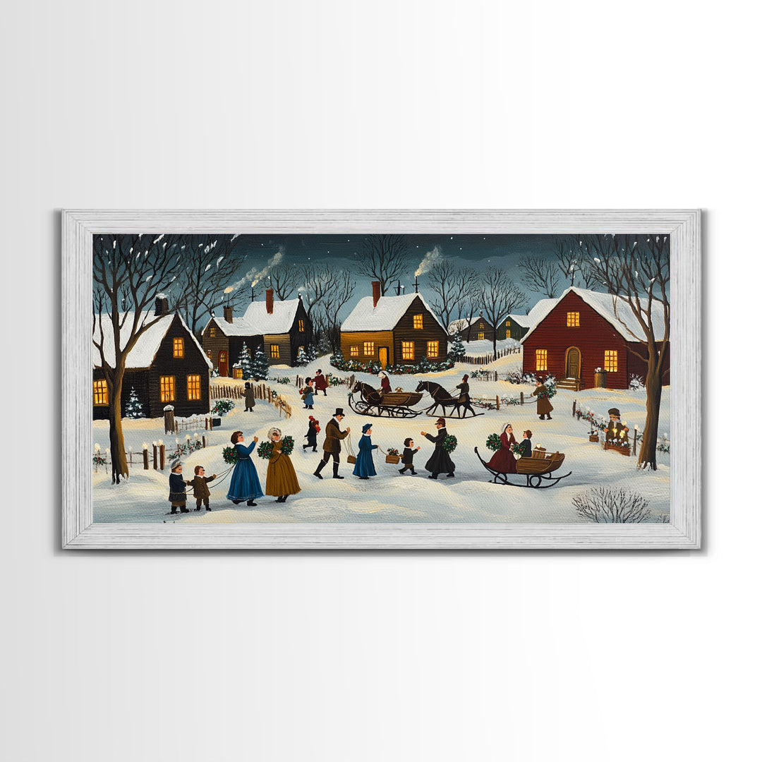 Colonial Village Christmas Scene Framed Canvas Print - Charming Christmas Wall Art and Vintage Holiday Decor 2024 Christmas Gift