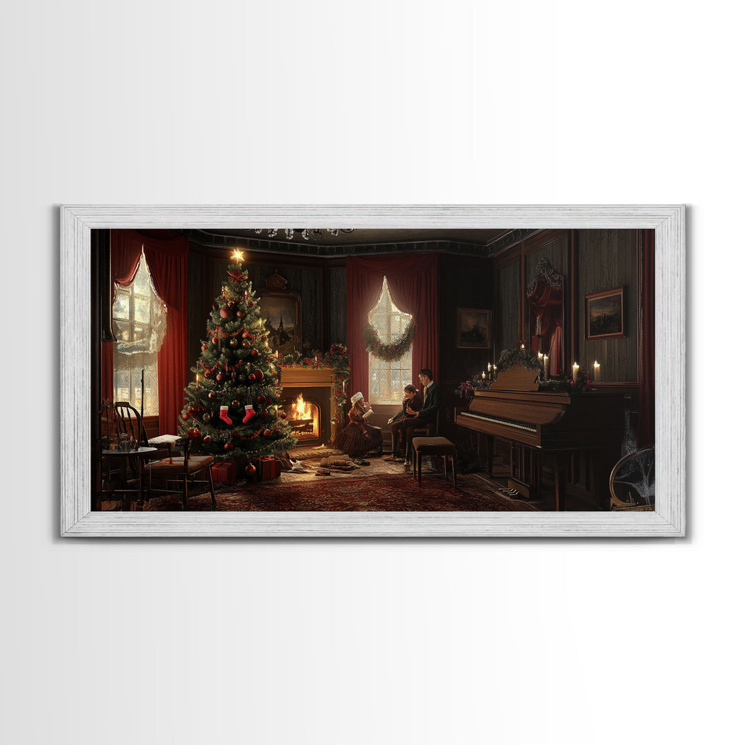 Victorian Christmas Living Room Framed Canvas Print - Elegant Christmas Decor with Vintage Holiday Charm and Indoor Wall Art