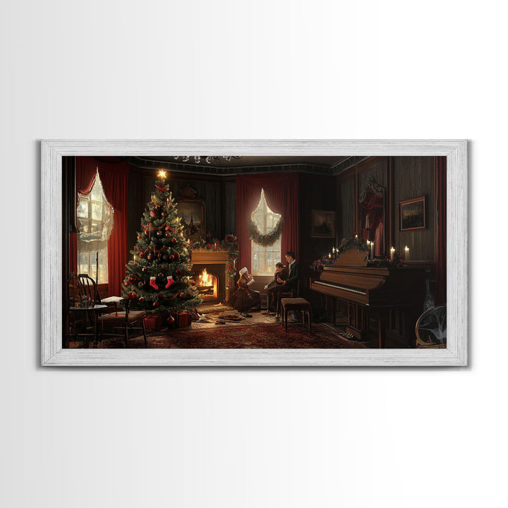 Victorian Christmas Living Room Framed Canvas Print - Elegant Christmas Decor with Vintage Holiday Charm and Indoor Wall Art