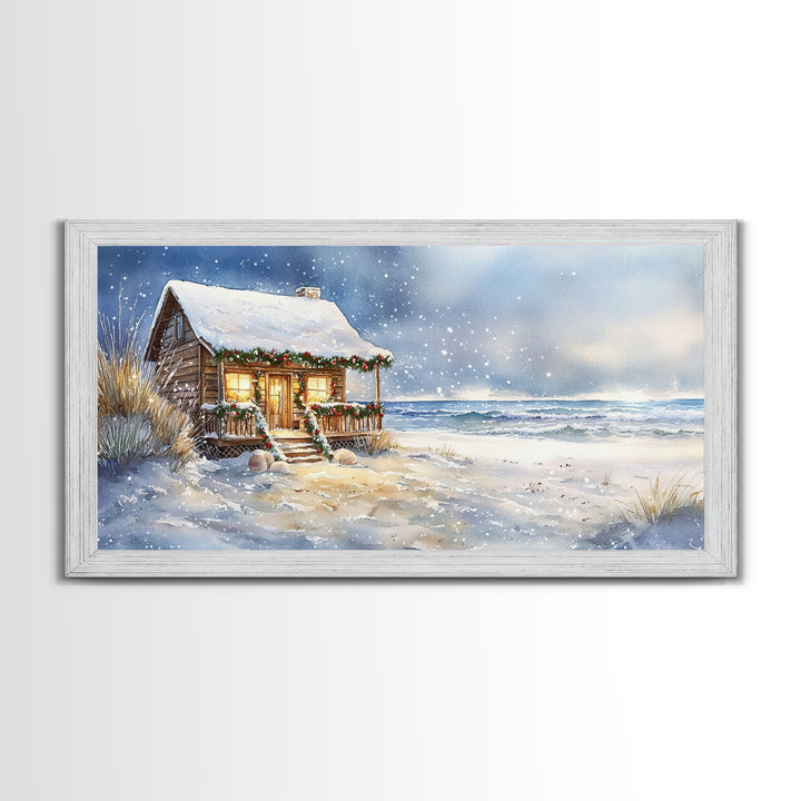 Coastal Winter Cottage Snowy Christmas Scene With Framed Canvas Print, Winter Wonderland Beach House Christmas Decor Wall Art