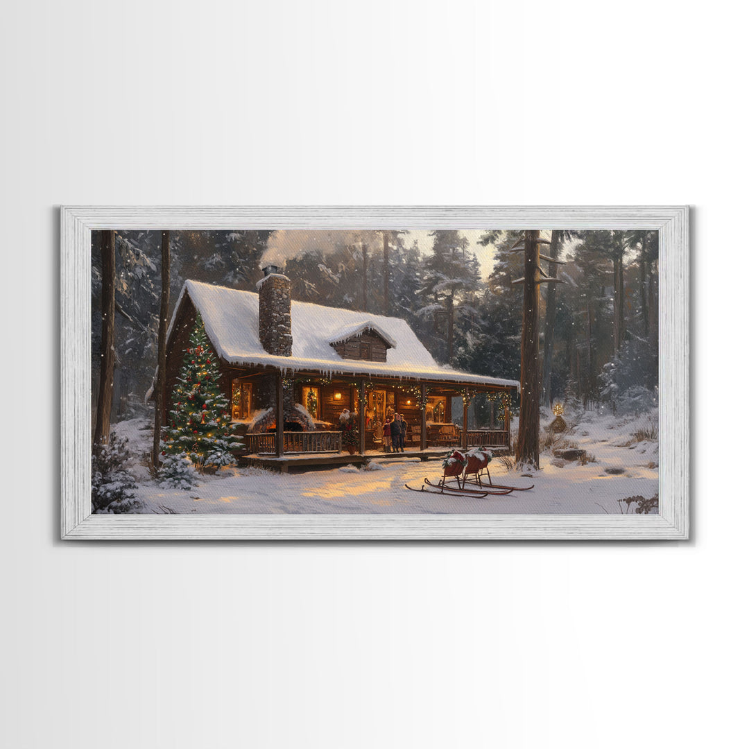 Cozy Christmas Cabin in Woods Framed Canvas Print - Rustic Christmas Decor and Winter Wonderland Scene with Holiday Wall Art