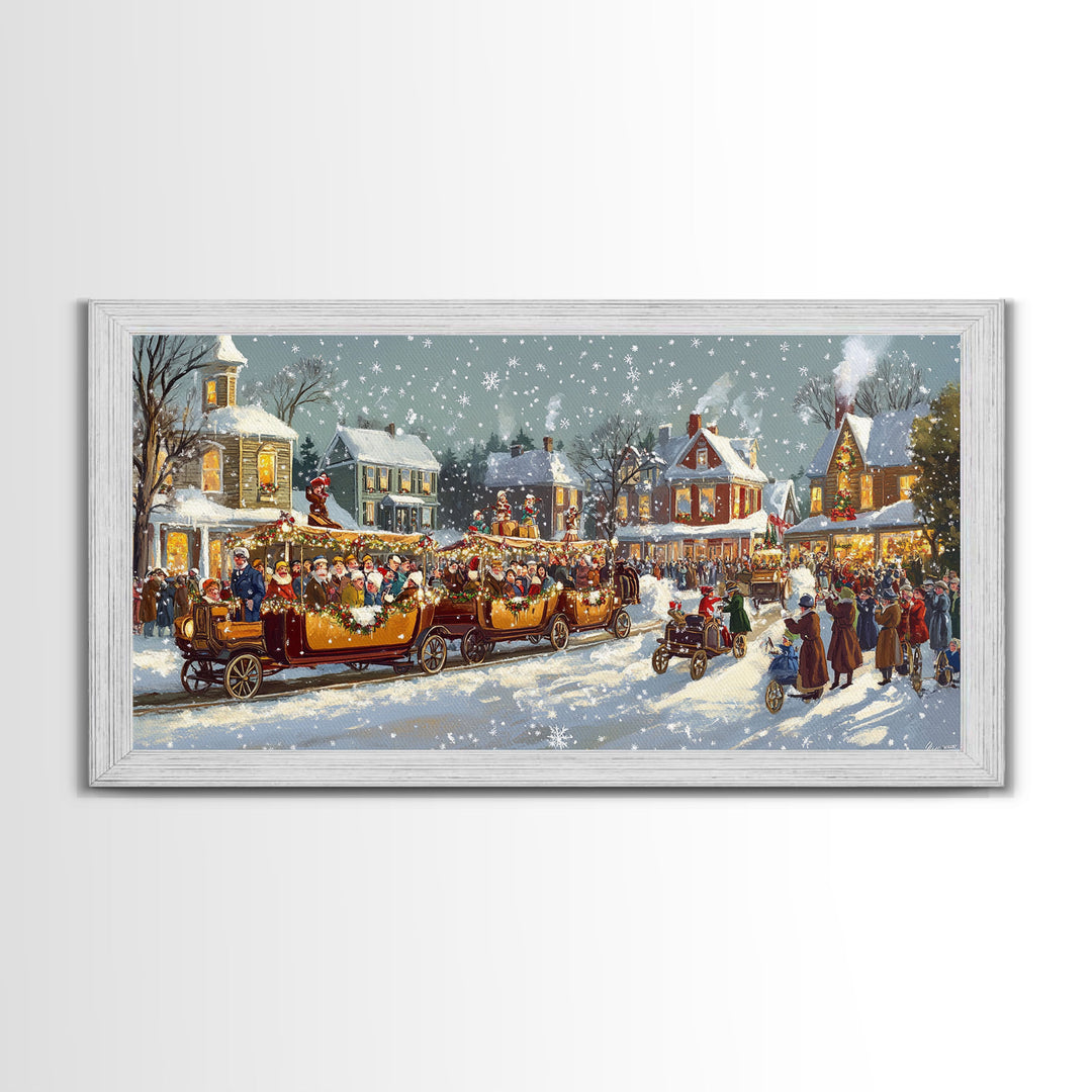 Vintage Christmas parade with decorated cars, 2024 Christmas scene art, framed canvas print, festive holiday art, Christmas wall art