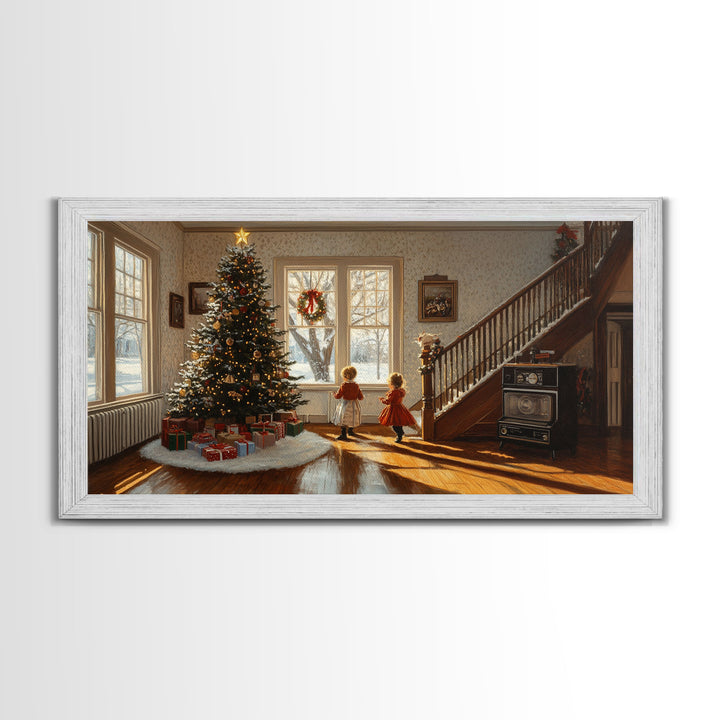 Vintage Christmas scene with children by tree, rustic Christmas home decor, framed canvas print, Christmas art prints, 2024 holiday wall art