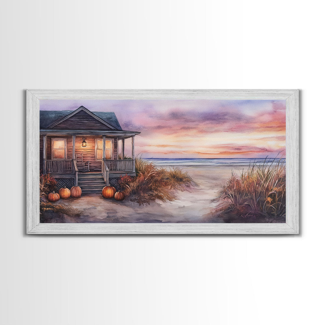 Rustic Beach Cottage Fall Scene Framed Canvas Print, Coastal Autumn Sunset Wall Art Ideal Autumn Gift, Seasonal Beach Decor