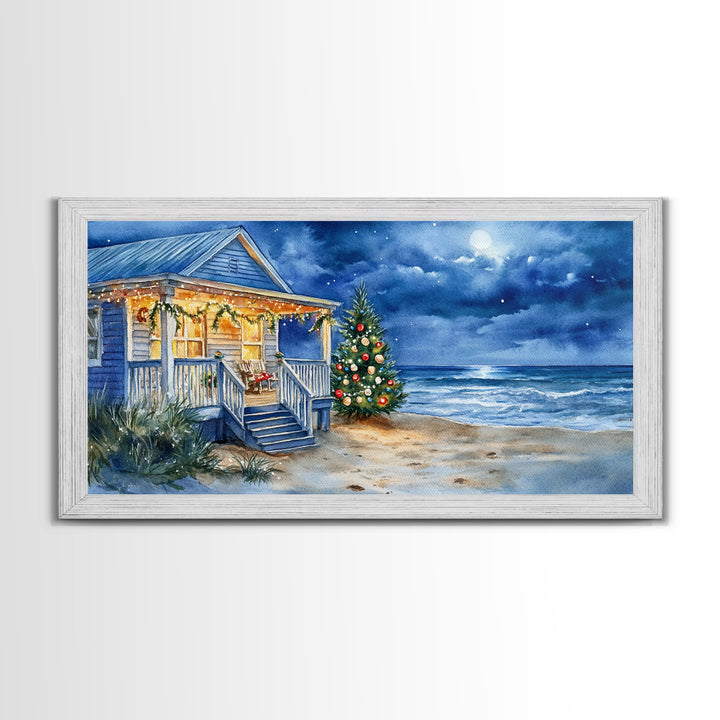 Cozy Christmas Cottage On Beach Scene With Framed Canvas Print, Winter Beach Home Christmas Tree Wall Art, Holiday Wall Decor