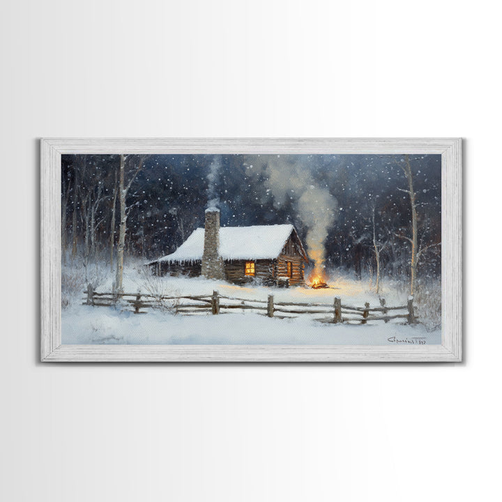 Rustic Cabin in Snow Framed Canvas Print, Cozy Winter Wonderland Art, Best Gift Idea for Christmas Wall Art, Vintage Holiday Decor