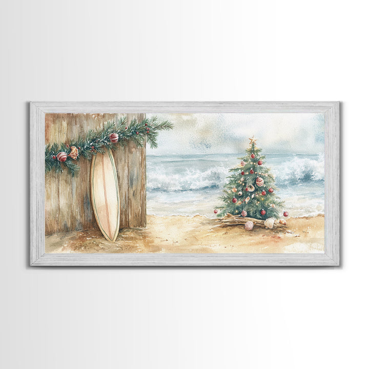 Christmas Tree On Sandy Beach With Surfboard Coastal Decor Framed Canvas Print, Beach Christmas Decor Wall Art