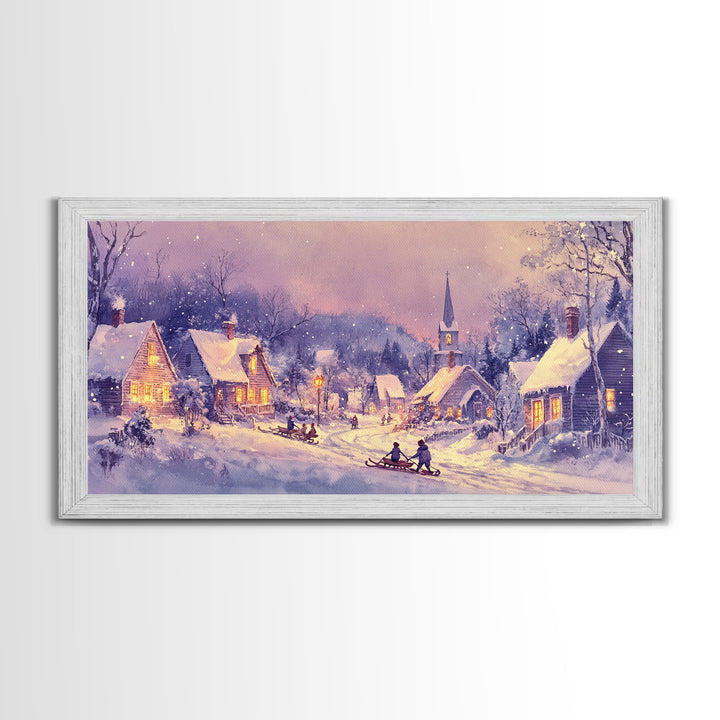 Serene Christmas Village Framed Canvas Print, Snowy Winter Landscape with Families Sledding in a Cozy Neighborhood Holiday Art