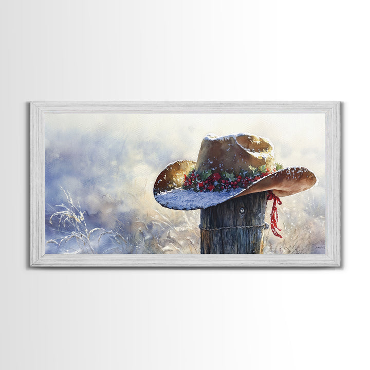 Rustic Cowboy Christmas Hat Framed Canvas Print, Snow-Covered Country Holiday Decor with Wreath on Fence Perfect Winter Art