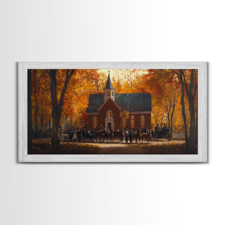 Beautiful Country Church in Autumn Scene Framed Canvas Print Fall Art, Rustic Autumn Church Scene, Vintage Wall Art Home Decor
