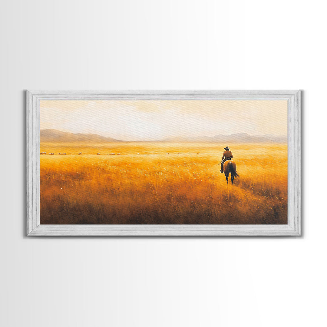 Herding Cattle Across Plains Framed Canvas Print Tall Art Rustic Autumn Landscape Western Country Decor Fall Home Wall Art Farmhouse Gift