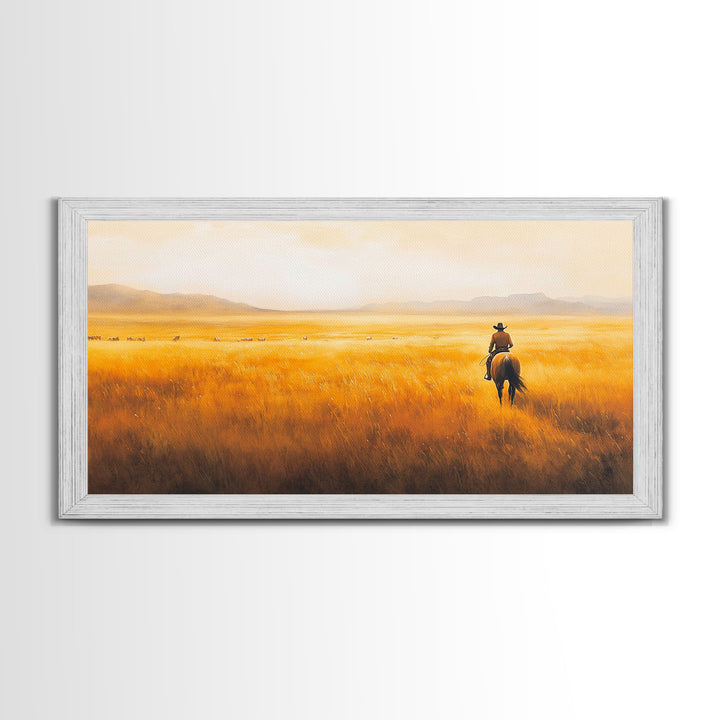 Herding Cattle Across Plains Framed Canvas Print Tall Art Rustic Autumn Landscape Western Country Decor Fall Home Wall Art Farmhouse Gift
