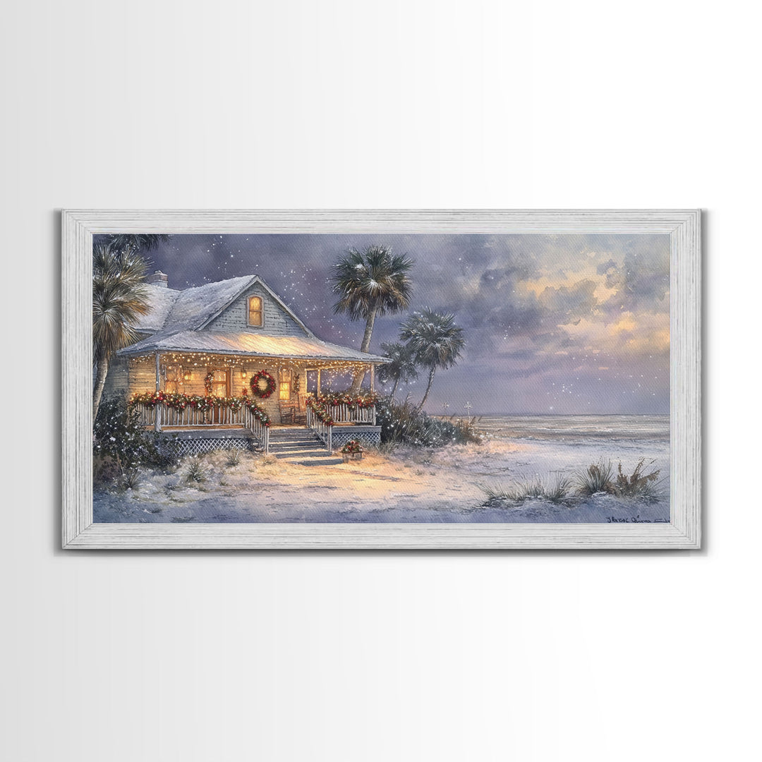 Christmas beach decor scene in tropical house with wreath and lights, Framed Canvas Print palm trees snow, winter art and holiday home decor