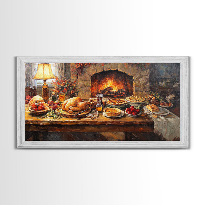 Cozy Thanksgiving Feast by Fireplace Framed Canvas Print Seasonal Wall Art, Rustic Fall Decor, Harvest Celebration Art Print for Home