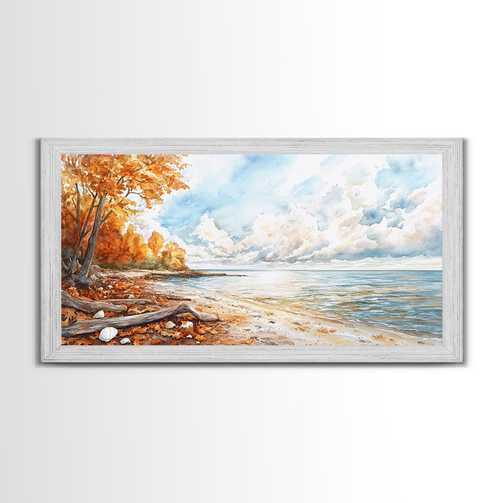 Autumn beach scene with colorful trees and calm waters, framed canvas print, perfect fall or autumn seasonal decor wall art