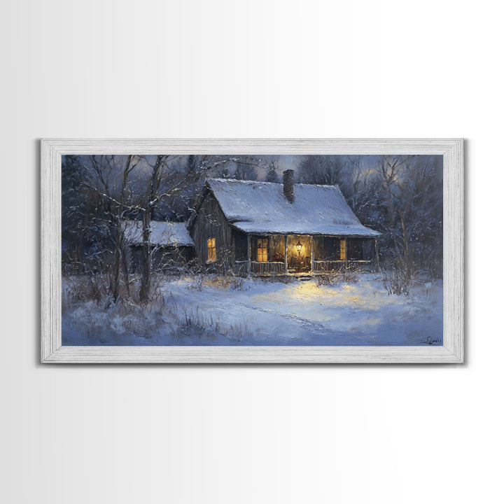 Cozy Winter Cabin Scene Framed Canvas Print with Snowy Landscape, Christmas Wall Art, Rustic Winter Scene, Vintage Seasonal Wall Decor