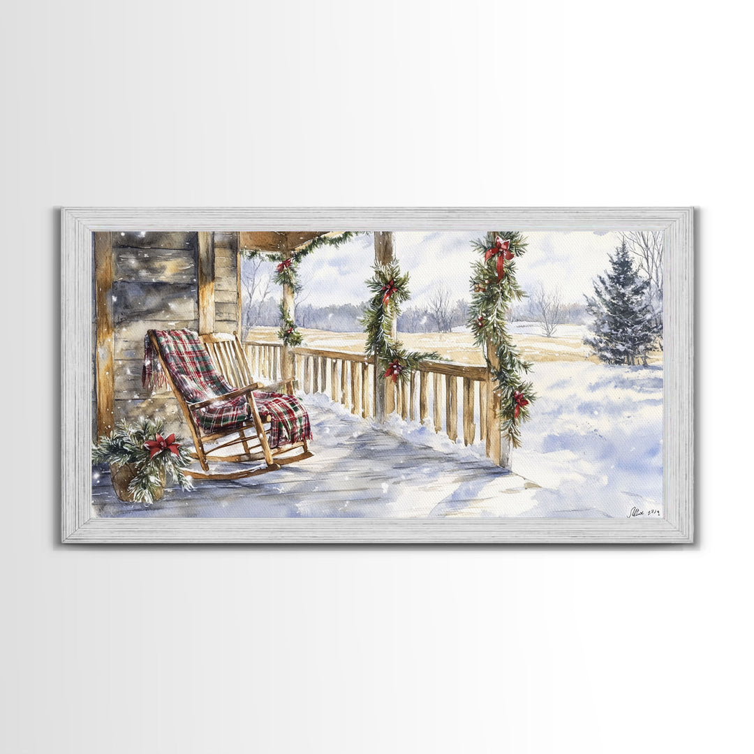 Snowy porch scene with wreaths and holiday greenery, framed canvas print, cozy winter Christmas decor perfect holiday wall display