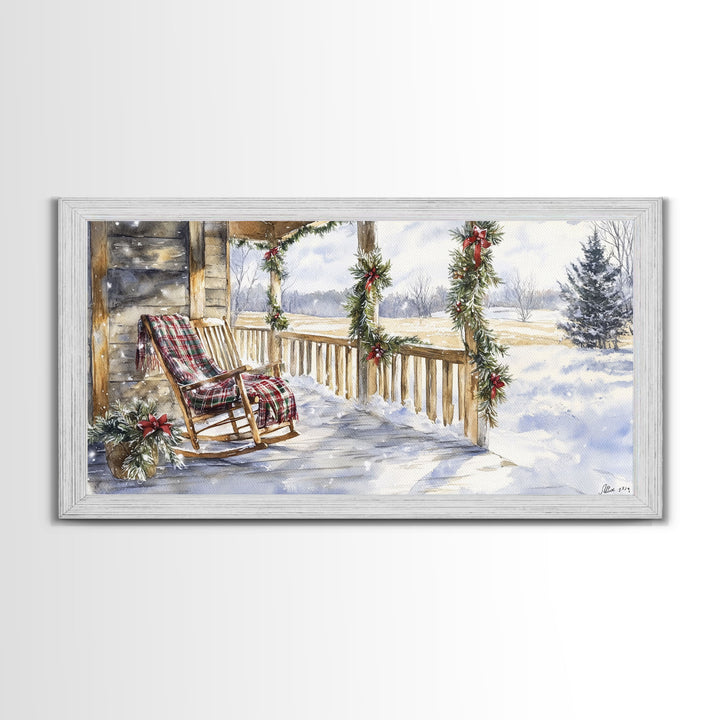 Snowy porch scene with wreaths and holiday greenery, framed canvas print, cozy winter Christmas decor perfect holiday wall display