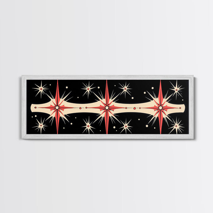 Neutral Star Burst Framed Canvas Print, Abstract Atomic Age Wall Art, Mid-Century Modern 1950s Style Home Decor, Large Scale Art