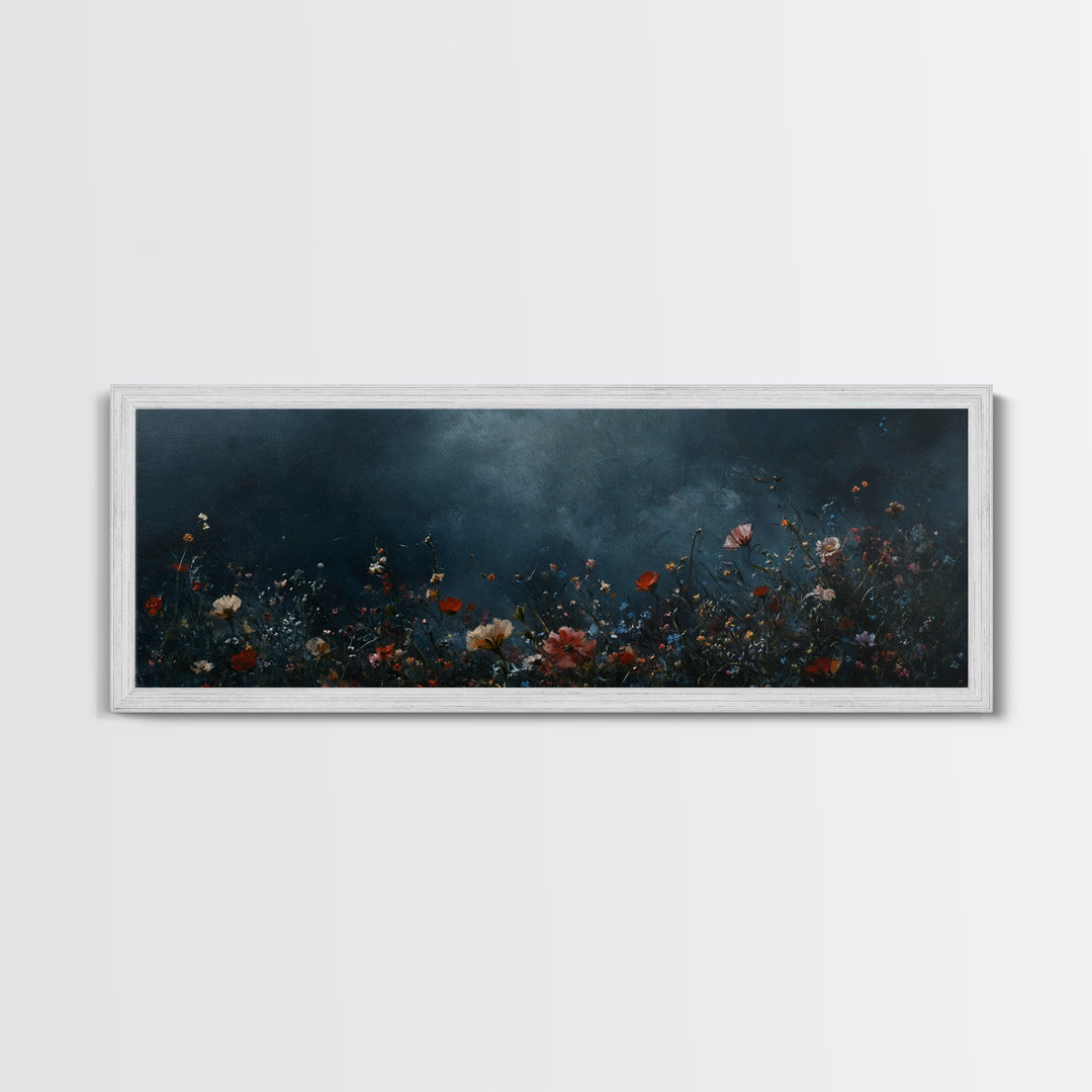Dark & Moody Wild Flowers At Night, Framed Canvas Print, Panoramic Thought Provoking Wall Art, Above Bed Art, Dark Floral Painting