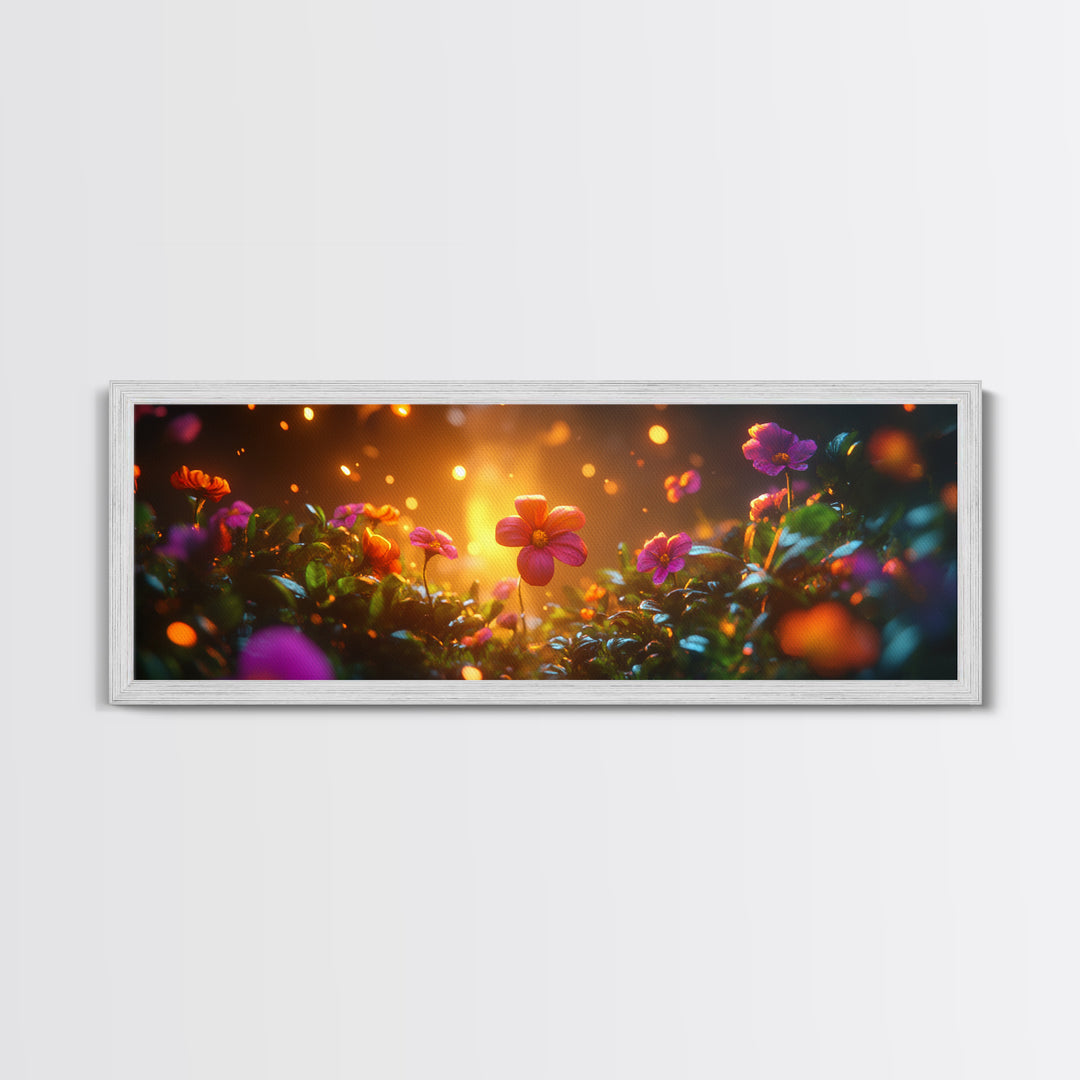 Beautiful 3D Rendered Flower Canvas Print, Wild Flowers In The Morning Dew at Sunset, Panoramic Extra Wide Wall Art