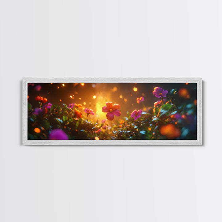 Beautiful 3D Rendered Flower Canvas Print, Wild Flowers In The Morning Dew at Sunset, Panoramic Extra Wide Wall Art