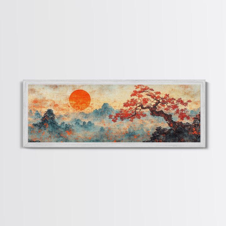 Maple Tree At Sunset With Red Leaves, Japanese Vintage Style Wall Art, Panoramic Painting Print, Woodblock Print, Boho Wall Decor