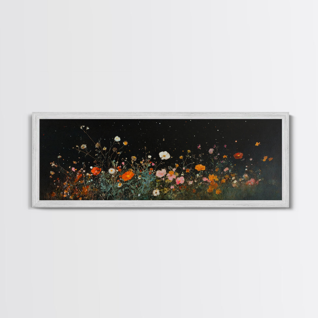 Dark & Moody Wild Flowers Under a Full Moon, Framed Canvas Print, Panoramic Extra Wide Wall Art, Oversized Home Decor