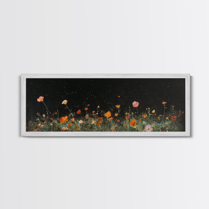Dark & Moody Wild Flowers Under a Full Moon, Framed Canvas Print, Panoramic Extra Wide Wall Art, Oversized Home Decor, Modern Farmhouse Art