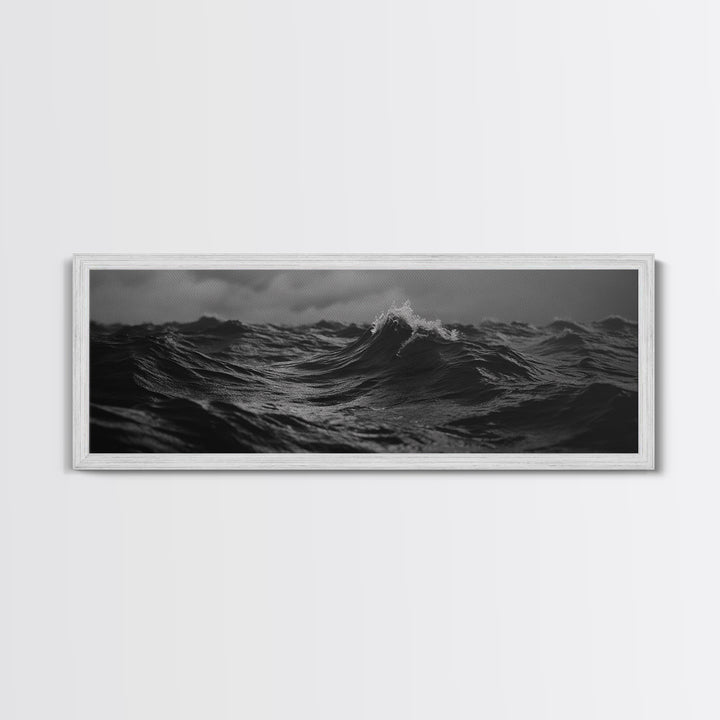 Black and White Ocean Photography Style Print, Panoramic Wall Art, Wood Framed Canvas Art, Seascapes, Nautical Decor
