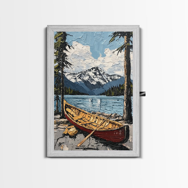 Canoe in the Mountains Framed Canvas Print, Abstract Pacific Northwest Oil Painting Print, Oregon or Washington Wall Art