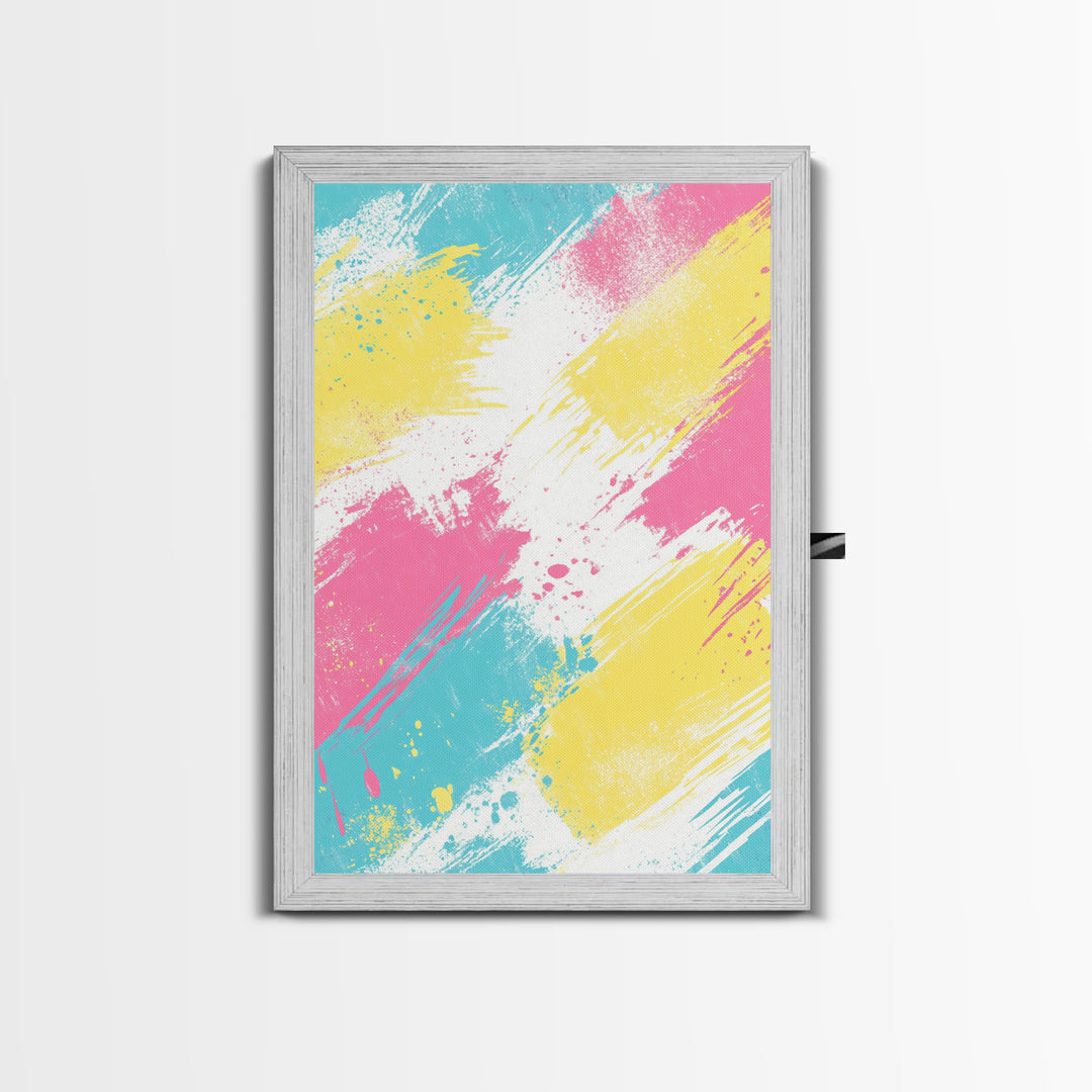 Brush Strokes On Canvas Print, Wood Framed Wall Art, Preppy Dorm Room Decor, Pink Turquoise and Yellow on White Background Wall Art