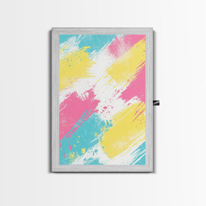 Brush Strokes On Canvas Print, Wood Framed Wall Art, Preppy Dorm Room Decor, Pink Turquoise and Yellow on White Background Wall Art
