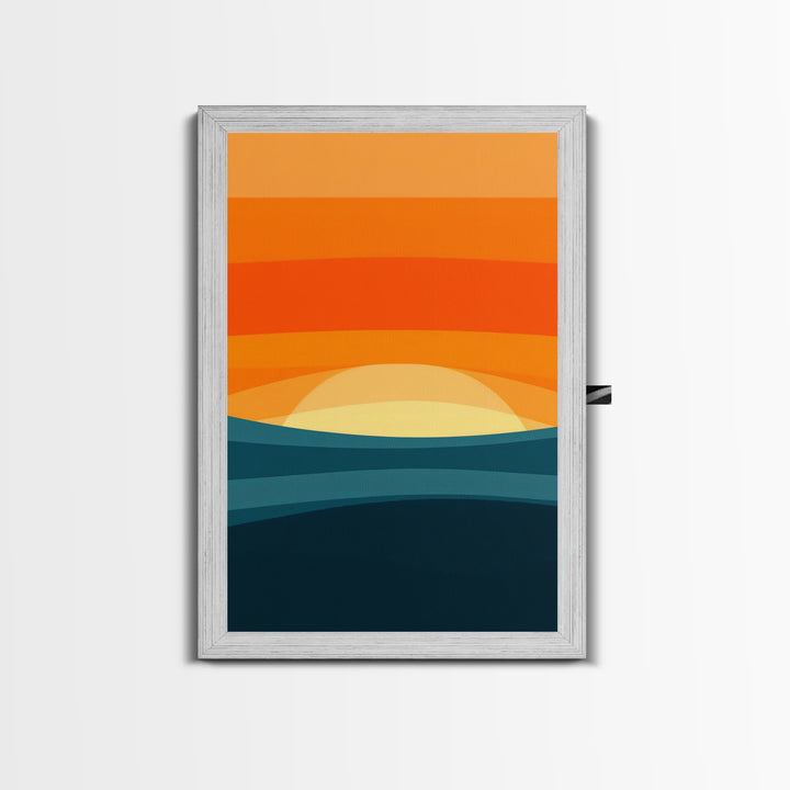 Art Deco Sunset Framed Canvas Print, MCM Style Wall Art Living Room Decor, Abstract Modern Art