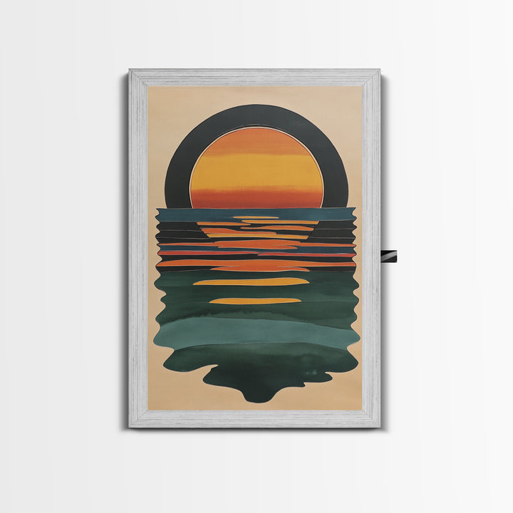Art Deco Sunset Over The Ocean, Minimalist Home Decor Canvas Print, Emerald Green Ocean With Sunrise, Boho Art