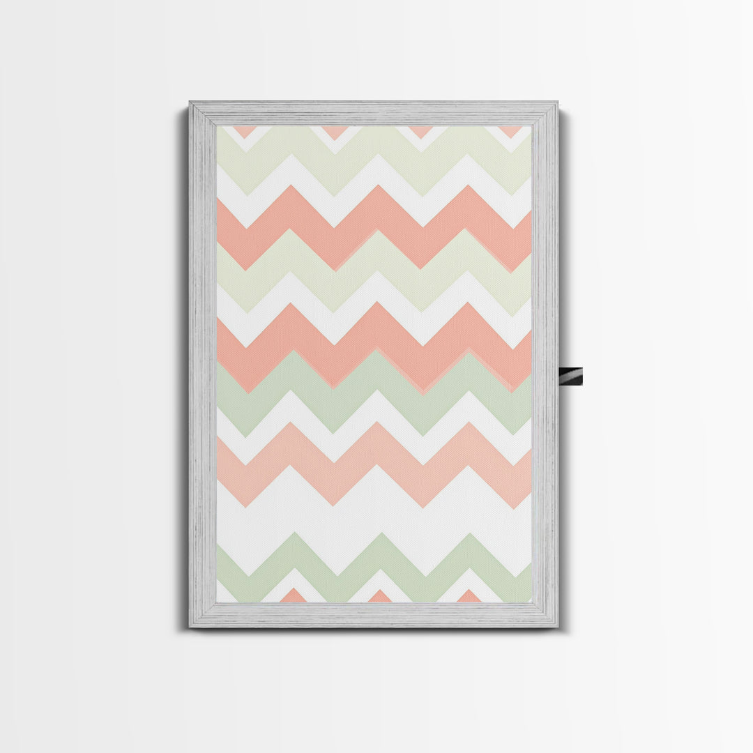 Pink and Mint Green Chevrons, MCM style Mid Century Modern Home Decor, Framed Canvas Print, Whimsical Wall Art